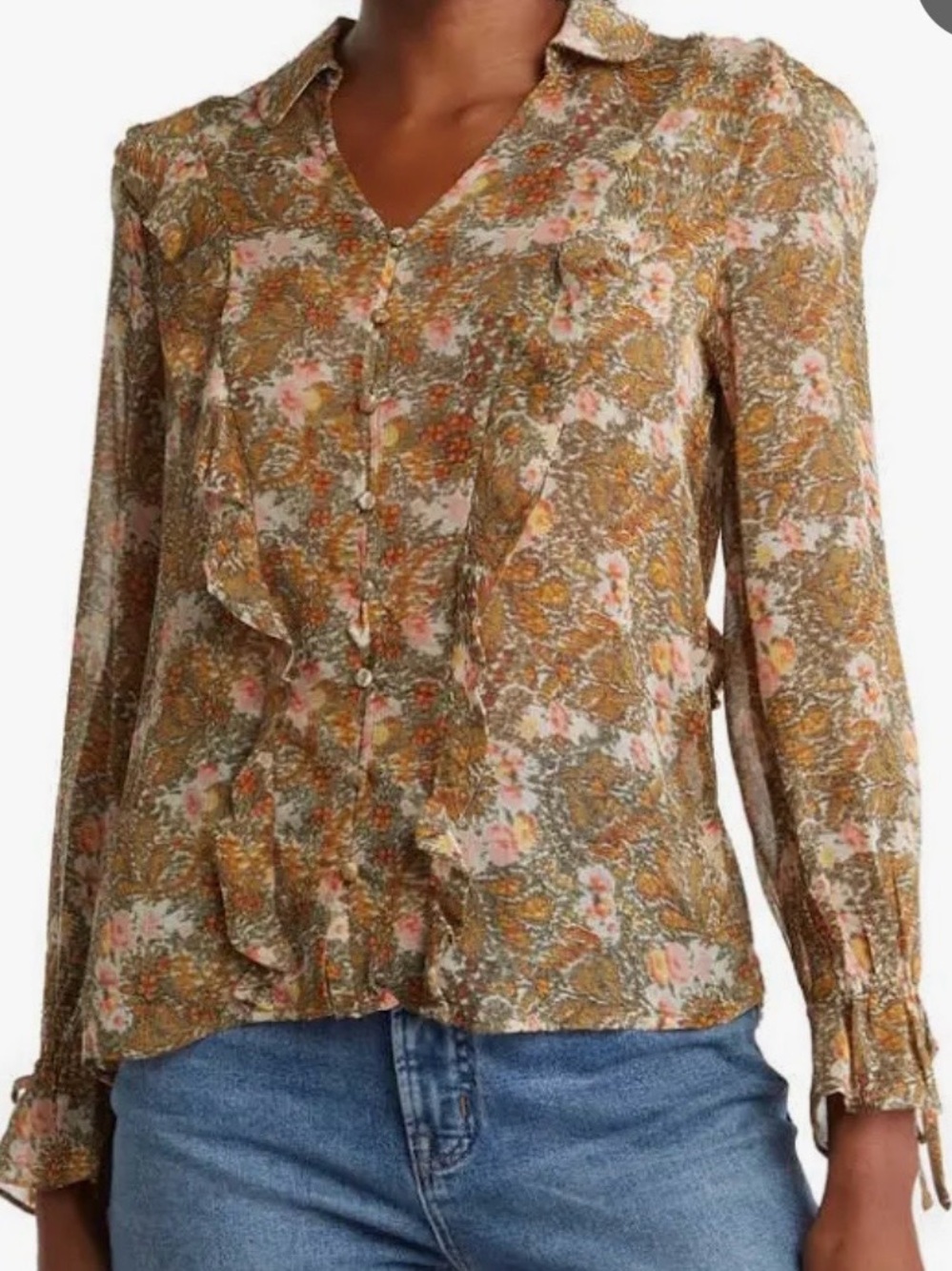 TTahari Floral Ruffle Button-Front Women's Blouse in Mustard Size S